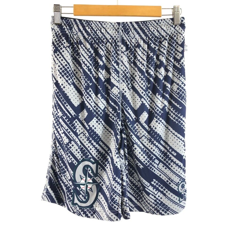 MLB Seattle Mariners Boys Shorts Pull On Striped Gray Navy Blue Pull On Size L